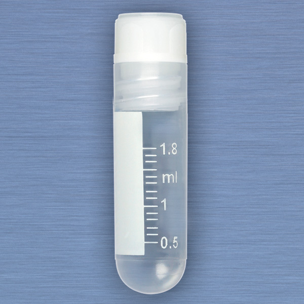 Globe Scientific CryoCLEAR vials, 2.0mL, STERILE, Internal Threads, Attached Screwcap with Co-Molded Thermoplastic Elastomer (TPE) Sealing Layer, Round Bottom, Printed Graduations, Writing Space and Barcode, 50/Bag cryogenic vials; cryogenic tubes; storage tubes; sterile tubes; cryogenic